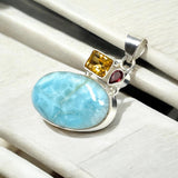 Natural Larimar with Garnet and Citrine Gemstone Pendant, Sterling Silver Jewelry, Larimar Pendant, Citrine Pendant, Bohemian Jewelry