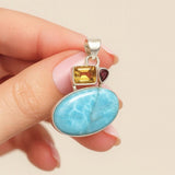 Natural Larimar with Garnet and Citrine Gemstone Pendant, Sterling Silver Jewelry, Larimar Pendant, Citrine Pendant, Bohemian Jewelry
