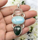 Larimar Gemstone Pendant with Emerald and Morganite , Wire Wrapped Pendant, Silver Jewelry Gifts for Her, Bohemian Jewelry