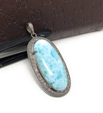 Larimar Pendant, Gemstone Pendant, Silver Pendant, Natural Larimar, Diamond Pendant, Pave Diamond Pendant, Sterling Silver Pendant, DIY