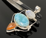 Gemstone Pendant - Larimar, Moonstone and Sunstone , Wire Wrapped Pendant, Silver Jewelry Gifts for Her, Bohemian Jewelry