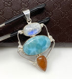 Gemstone Pendant - Larimar, Moonstone and Sunstone , Wire Wrapped Pendant, Silver Jewelry Gifts for Her, Bohemian Jewelry