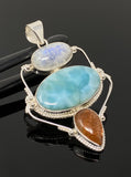 Gemstone Pendant - Larimar, Moonstone and Sunstone , Wire Wrapped Pendant, Silver Jewelry Gifts for Her, Bohemian Jewelry