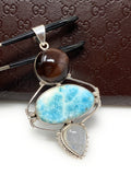 Gemstone Pendant - Larimar, Cats Eye and Moonstone, Wire Wrapped Pendant, Silver Jewelry Gifts for Her, Bohemian Jewelry