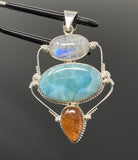 Gemstone Pendant - Larimar, Moonstone and Sunstone , Wire Wrapped Pendant, Silver Jewelry Gifts for Her, Bohemian Jewelry
