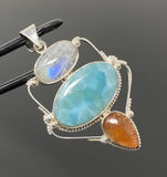 Gemstone Pendant - Larimar, Moonstone and Sunstone , Wire Wrapped Pendant, Silver Jewelry Gifts for Her, Bohemian Jewelry