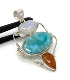 Gemstone Pendant - Larimar, Moonstone and Sunstone , Wire Wrapped Pendant, Silver Jewelry Gifts for Her, Bohemian Jewelry