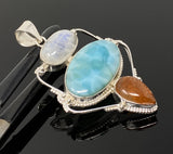Gemstone Pendant - Larimar, Moonstone and Sunstone , Wire Wrapped Pendant, Silver Jewelry Gifts for Her, Bohemian Jewelry