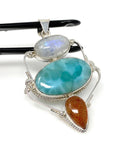 Gemstone Pendant - Larimar, Moonstone and Sunstone , Wire Wrapped Pendant, Silver Jewelry Gifts for Her, Bohemian Jewelry