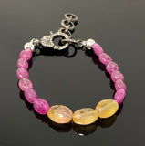 Natural Pink and Yellow Sapphire Gemstone Bracelet, Pave Diamond Adjustable Bracelet, Sapphire Jewelry, September Birthstone Jewelry