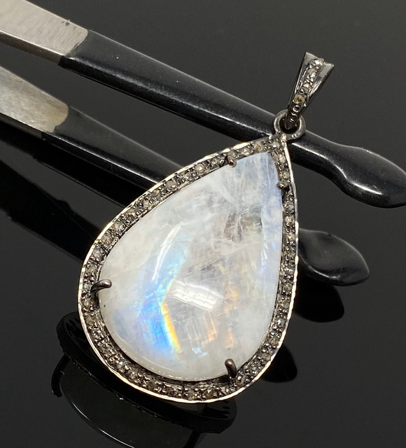 Genuine Pave Diamond Natural Rainbow Moonstone Oxidized Silver Handmade Pendant.