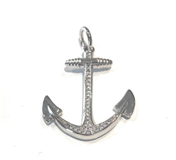 CZ Micro Pave Anchor Charm, Silver Plated Lucky Charm, Jewelry Supplies for DIY Jewelry Making, Wholesale Bulk Charms