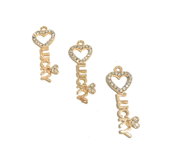 Lucky Charm, Word Charms, Heart Charm, Key Charm, Heart Key Charm, Jewelry Findings, Bulk Charms, Wholesale Charms, Gold Charms, DIY Jewelry