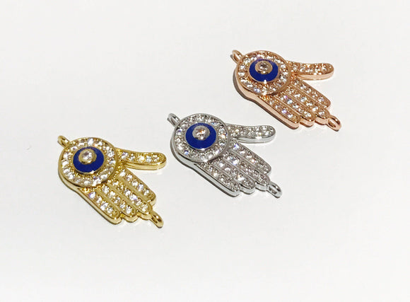 CZ Micro Pave Evil Eye Links, Hand of Fatima Connectors for Jewelry Making, Hamsa Hand Jewelry Connector at Wholesale Price, 12x20.5x3mm