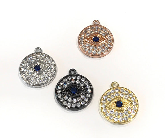 Disc Charm, Pave Disc Charm, Evil Eye Charm, Protection Jewelry Charm, Jewelry Findings, Round Charms, Turkish Evil Eye Charm, 14x12x2mm