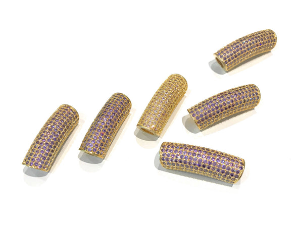 Leather Cord Beads, Gold Plated Curved Tube beads, Jewelry Connectors, CZ Pave Beads, CZ Tube Beads, Bracelet Connectors, 30x10x8mm, 1 Pc