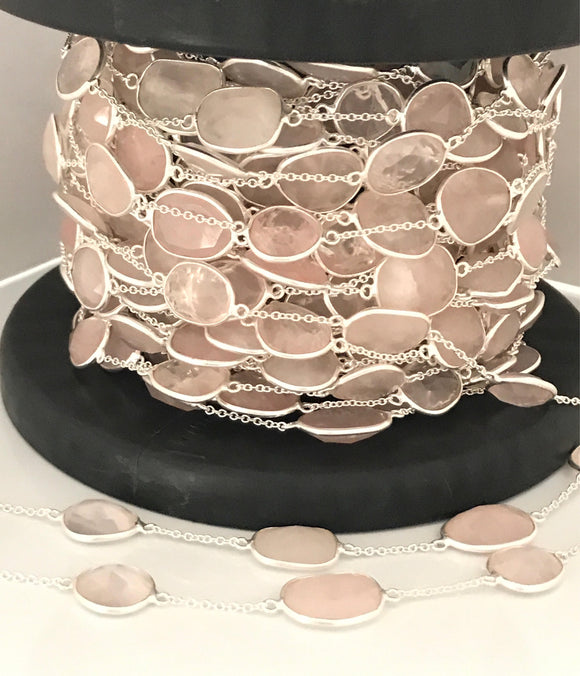 Sterling Silver Rose Quartz Chain, Gemstone Bulk Chain by Foot, Jewelry Supplies for Jewelry Making, Wholesale Bulk Rose Quartz Chain