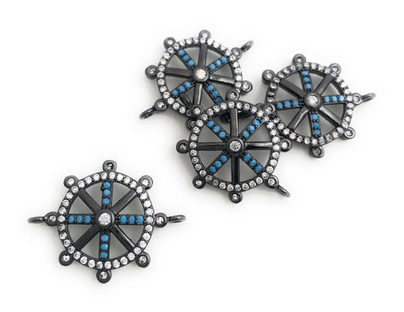 Gunmetal Helm Connector, Helm Charms, CZ Micro Pave Wheel Charm Connectors, Jewelry Supplies, Jewelry Making, Bulk Charms, 24x18x3.5mm, 1 Pc