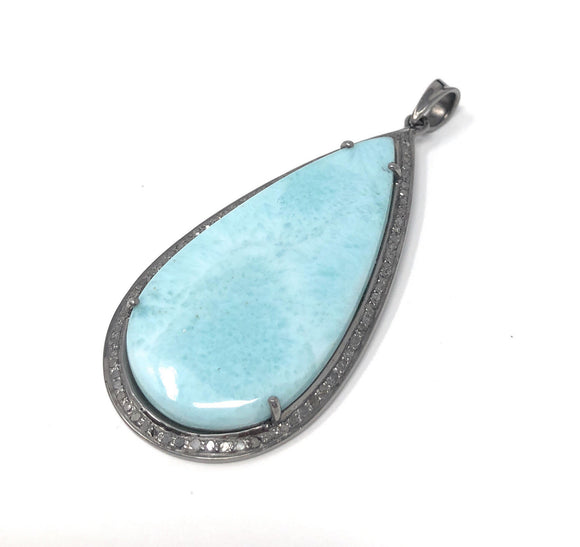 Larimar Pendant, Gemstone Pendant, Diamond Pendant, Sterling Silver Pendant, Gemstone Diamond Pendant, Pave Diamond Pendant, Silver Pendant