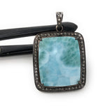 Larimar Gemstone Pendant, Sterling Silver Pave Diamond Pendant, Spiritual Healing Gemstone Larimar Jewelry, Throat Chakra Crystal Jewelry