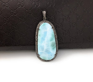 Larimar Pendant, Gemstone Pendant, Diamond Pendant, Sterling Silver Gemstone Larimar Pave Diamond Pendant, 58.75mmx26mm