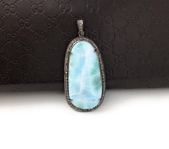 Larimar Pendant, Gemstone Pendant, Diamond Pendant, Sterling Silver Gemstone Larimar Pave Diamond Pendant, 58.75mmx26mm