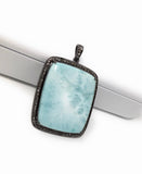 Larimar Pendant, Gemstone Pendant, Silver Pendant, Natural Larimar, Diamond Pendant, Pave Diamond Pendant, Sterling Silver Pendant, 54x36mm