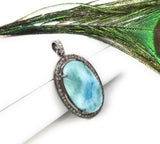 Larimar Pendant, Gemstone Pendant, Silver Pendant, Natural Larimar, Diamond Pendant, Pave Diamond Pendant, Sterling Silver Pendant, DIY