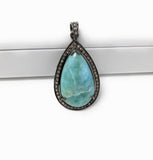 Larimar Pendant, Gemstone Pendant, Silver Pendant, Natural Larimar, Diamond Pendant, Pave Diamond Pendant, Sterling Silver Pendant, DIY