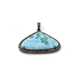Larimar Gemstone Pendant, Natural Larimar Pave Diamond Pendant, Sterling Silver Pendant, Dominican Republic Larimar Jewelry