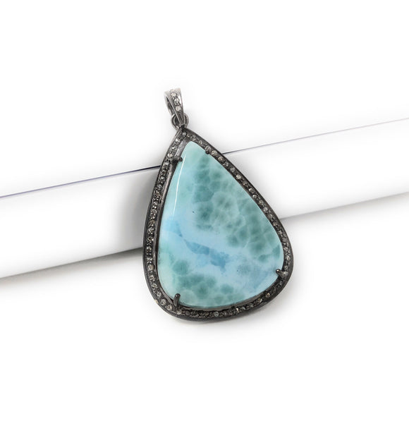 Larimar Pendant, Gemstone Pendant, Silver Pendant, Natural Larimar, Diamond Pendant, Pave Diamond Pendant, Sterling Silver Pendant, DIY