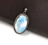 Larimar Pendant, Gemstone Pendant, Silver Pendant, Natural Larimar, Diamond Pendant, Pave Diamond Pendant, Sterling Silver Pendant, DIY