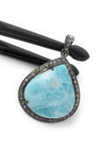 Larimar Pendant, Gemstone Pendant, Silver Pendant, Natural Larimar, Diamond Pendant, Pave Diamond Pendant, Sterling Silver Pendant, 38x27mm