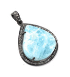 Larimar Pendant, Gemstone Pendant, Silver Pendant, Natural Larimar, Diamond Pendant, Pave Diamond Pendant, Sterling Silver Pendant, 38x27mm