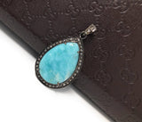 Larimar Gemstone Pendant, Sterling Silver Pave Diamond Pendant, Gemstone Jewelry, Bohemian Pendant, Gifts for Her