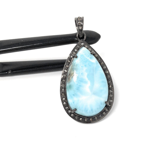 Larimar Pendant, Gemstone Pendant, Silver Pendant, Natural Larimar, Diamond Pendant, Pave Diamond Pendant, Sterling Silver Pendant, DIY