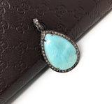 Larimar Pendant, Gemstone Pendant, Silver Pendant, Natural Larimar, Diamond Pendant, Pave Diamond Pendant, Sterling Silver Pendant, DIY