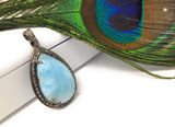 Larimar Pendant, Gemstone Pendant, Silver Pendant, Natural Larimar, Diamond Pendant, Pave Diamond Pendant, Sterling Silver Pendant, DIY