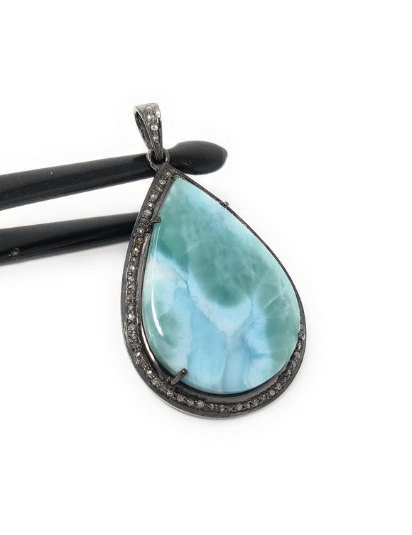 Larimar Pendant, Gemstone Pendant, Silver Pendant, Natural Larimar, Diamond Pendant, Pave Diamond Pendant, Sterling Silver Pendant, DIY