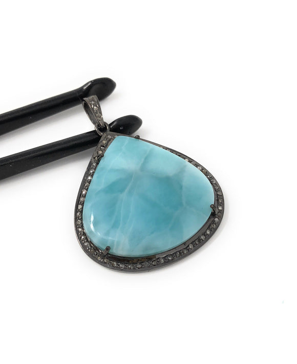Larimar Pendant, Gemstone Pendant, Silver Pendant, Natural Larimar, Diamond Pendant, Pave Diamond Pendant, Sterling Silver Pendant, DIY