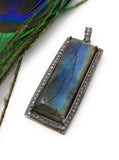 Labradorite Pendant, Gemstone Pendant, Diamond Pendant, Silver Pendant, Natural Labradorite, Pave Pendant, Oxidized Sterling Silver Pendant