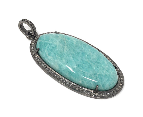 Amazonite Pendant, Gemstone Pendant, Diamond Pendant, Sterling Silver Pendant, Pave Diamond Pendant, Gemstone Diamond Pendant, Gifts for Her