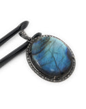 Labradorite Pendant, Gemstone Pendant, Diamond Pendant, Silver Pendant, Pave Diamond Pendant, Oxidized Silver Pendant, Gifts for Her