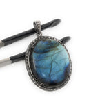 Labradorite Pendant, Gemstone Pendant, Diamond Pendant, Silver Pendant, Pave Diamond Pendant, Oxidized Silver Pendant, Gifts for Her