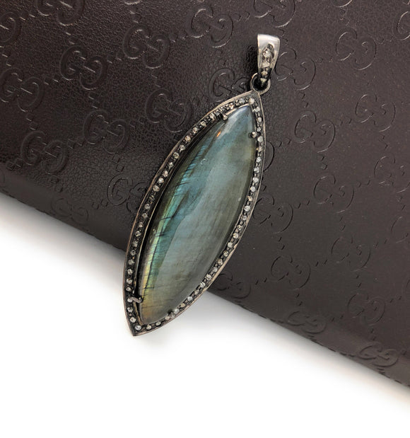 Labradorite Pendant, Gemstone Pendant, Diamond Pendant, Silver Pendant, Pave Diamond Pendant, Oxidized Silver Pendant, Gifts for Her