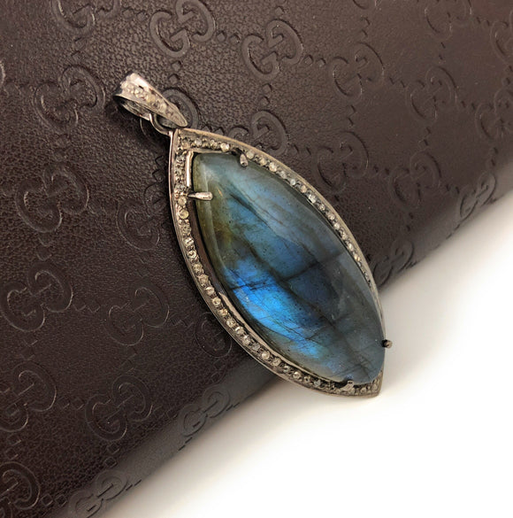 Labradorite Pendant, Gemstone Pendant, Diamond Pendant, Silver Pendant, Pave Diamond Pendant, Oxidized Silver Pendant, Gifts for Her
