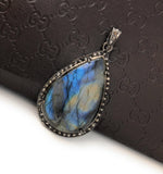 Labradorite Pendant, Gemstone Pendant, Diamond Pendant, Silver Pendant, Pave Diamond Pendant, Oxidized Silver Pendant, Gifts for Her