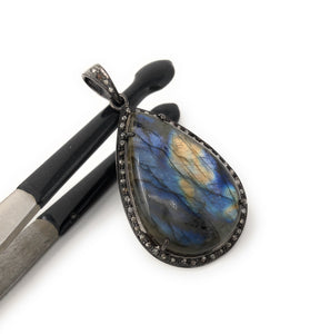 Labradorite Pendant, Gemstone Pendant, Diamond Pendant, Silver Pendant, Pave Diamond Pendant, Oxidized Silver Pendant, Gifts for Her