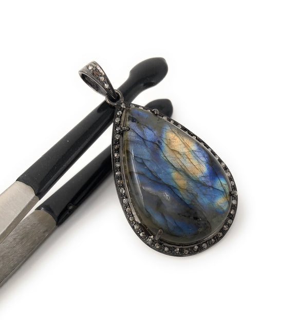 Labradorite Pendant, Gemstone Pendant, Diamond Pendant, Silver Pendant, Pave Diamond Pendant, Oxidized Silver Pendant, Gifts for Her