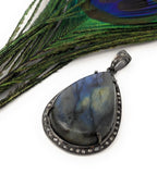 Labradorite Pendant, Gemstone Pendant, Diamond Pendant, Silver Pendant, Pave Diamond Pendant, Oxidized Silver Pendant, Gifts for Her
